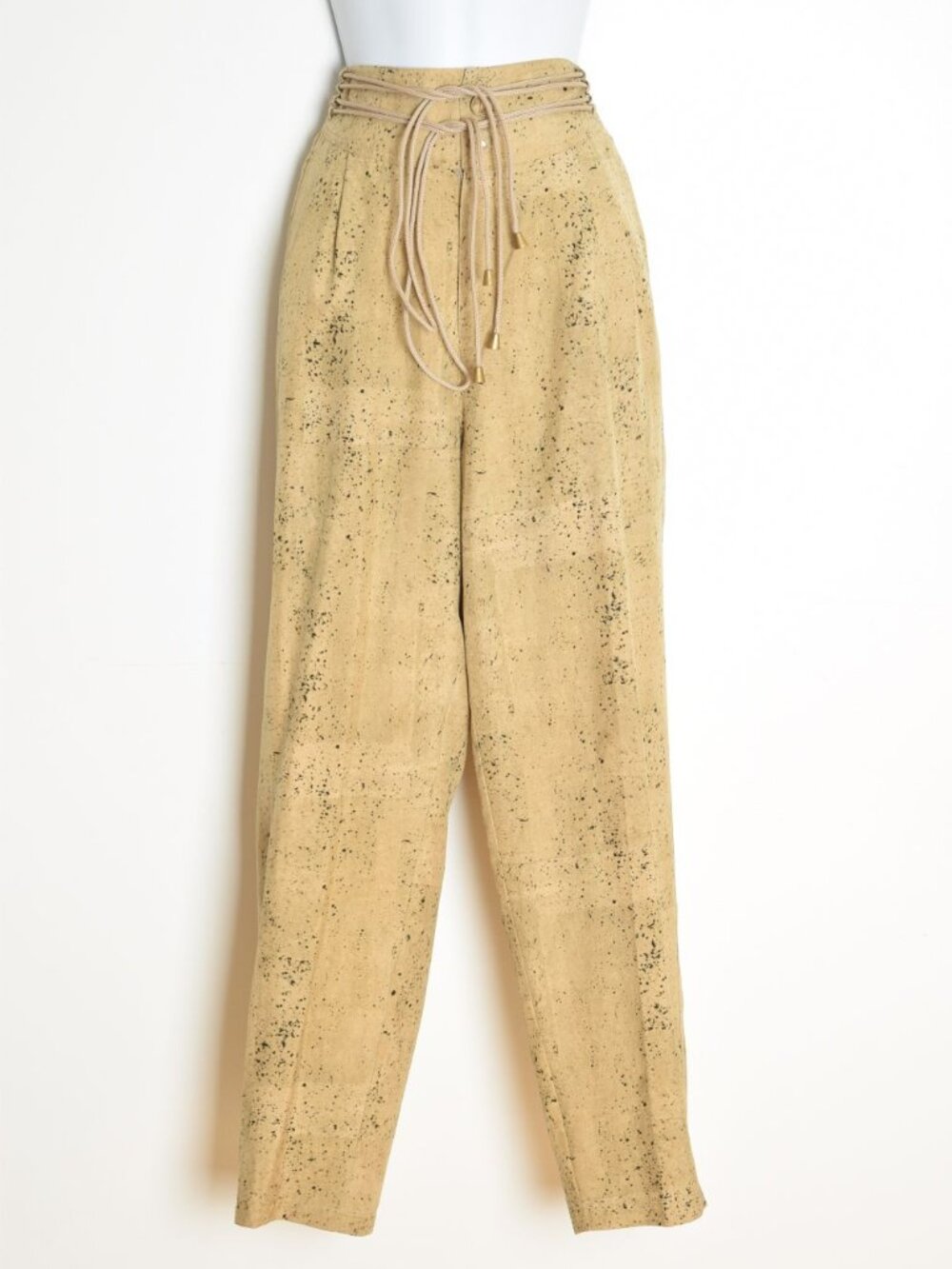 vintage 80s pants beige silk speckle print high waist rise tapered belted L XL